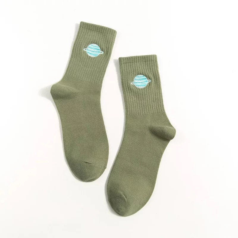 MOON PLANET SOCKS / Outer Space / Cosmos / Celestial / Embroidered / Saturn / Crew / Colorful / Fun / Graphic / Aesthetic / Women / Solid