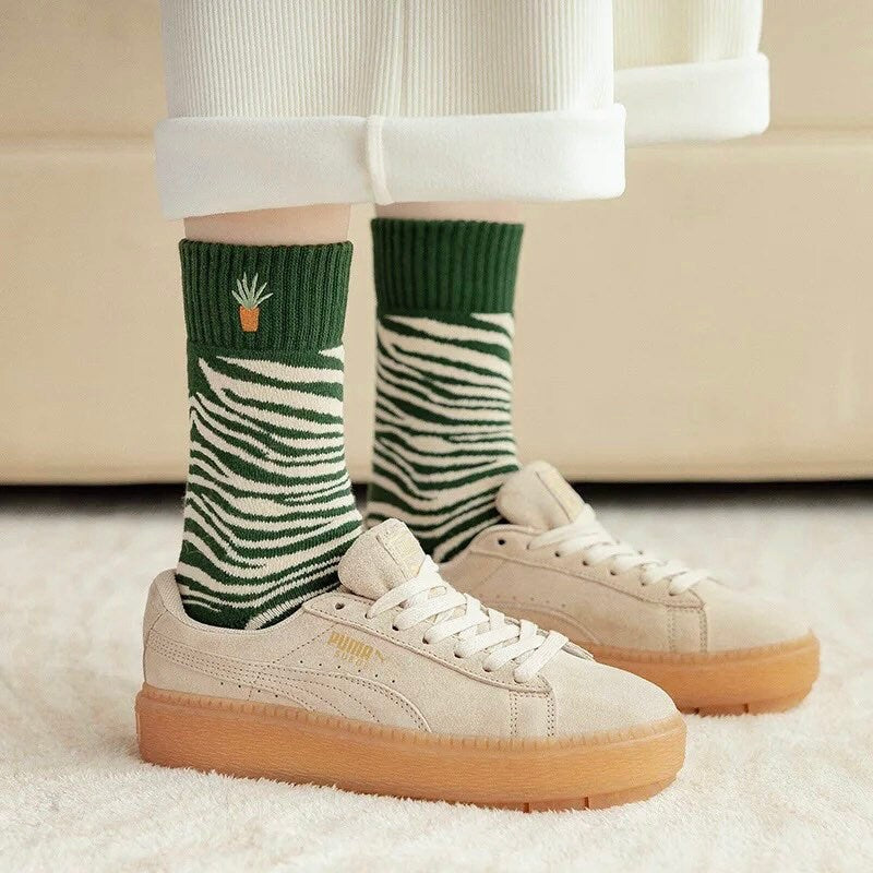 CUTE CACTUS SOCKS / Patterned / Green Succulent / Cacti / Fun Aesthetic Trendy / Teen Women / Plant Lover Gift / Embroidered / Zebra Print
