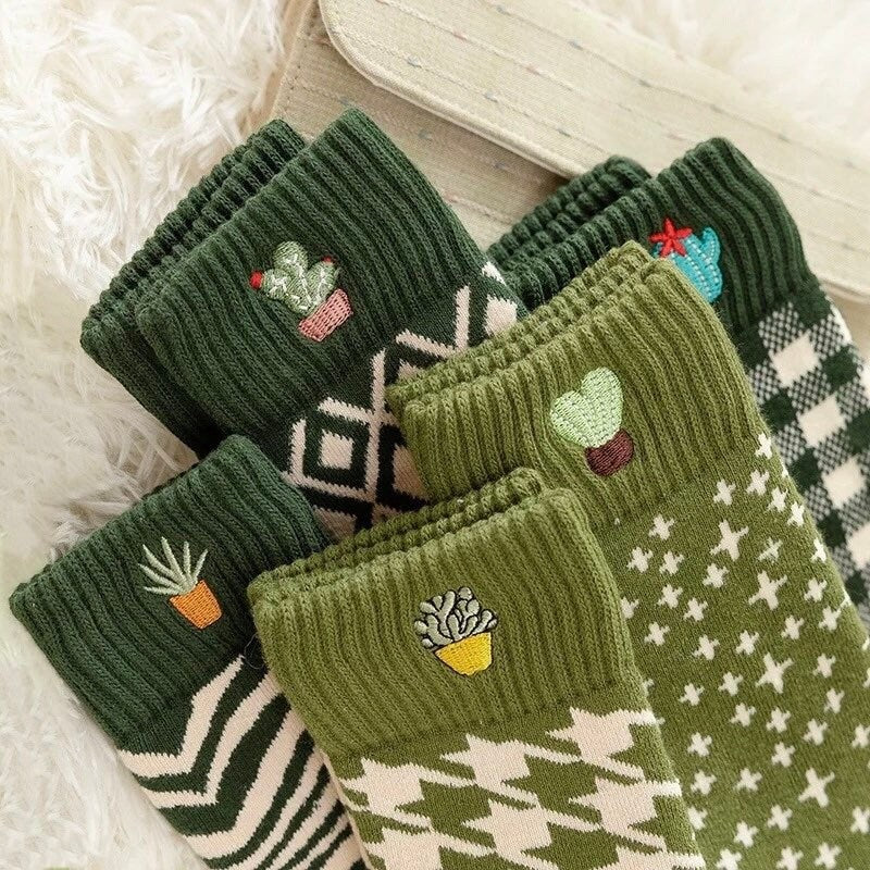 CUTE CACTUS SOCKS / Patterned / Green Succulent / Cacti / Fun Aesthetic Trendy / Teen Women / Plant Lover Gift / Embroidered / Zebra Print
