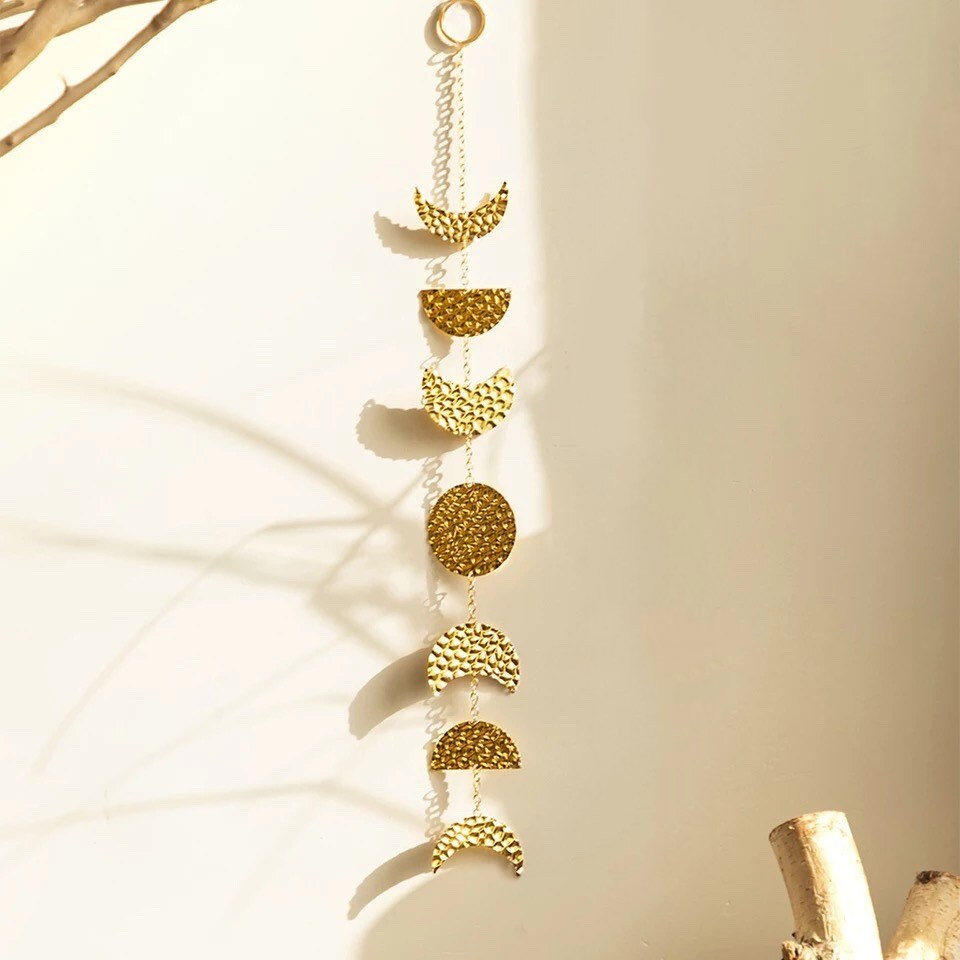 GOLDEN MOON PHASES / Wall Hanging / Boho Home Decor / Gold Hammered Metal / Full Crescent / Bohemian / Minimal Nordic / Living Room Nursery