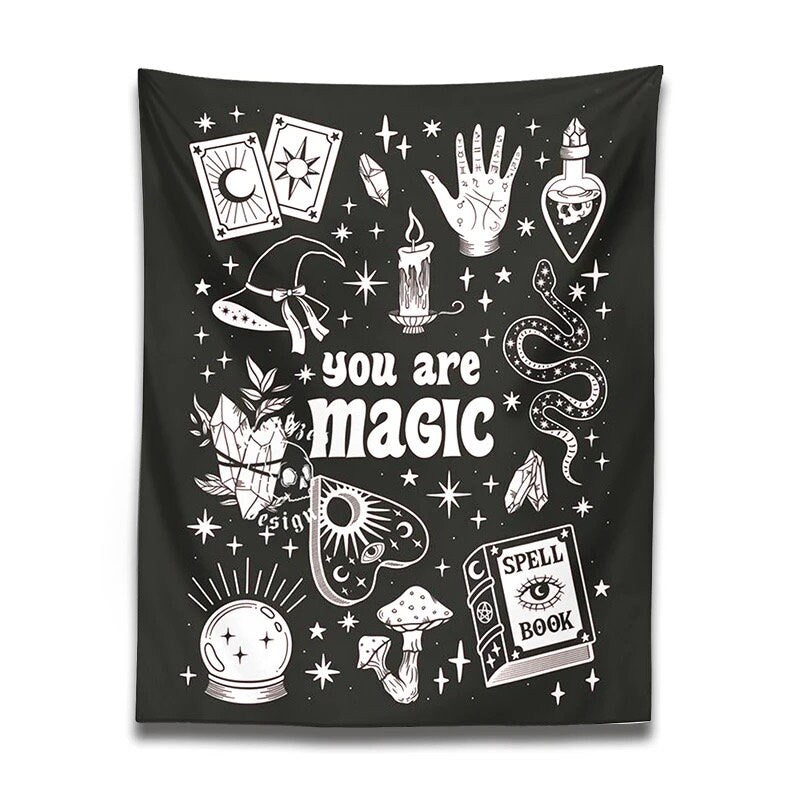YOU ARE MAGIC / Tapestry Wall Hanging / Aesthetic Room Decor / Crystal Ball / Stars Moon / Mushrooms / Ouija Palmistry Tarot / Spells Snakes Gift