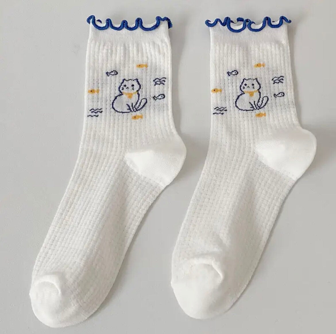 CUTE KITTEN SOCKS / Mini Flower Cat Ruffles / Cute Pretty Aesthetic / Teen Women Gift / Unique / Blue White / Kawaii Ins / Pets Clouds Paws