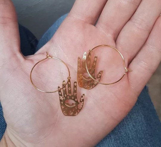 GOLD PALMISTRY EARRINGS / Evil Eye / Hands / Artistic / Aesthetic / Dangle / Drop / Trendy / Unique / Tarot / Magic Moon / Party / Statement