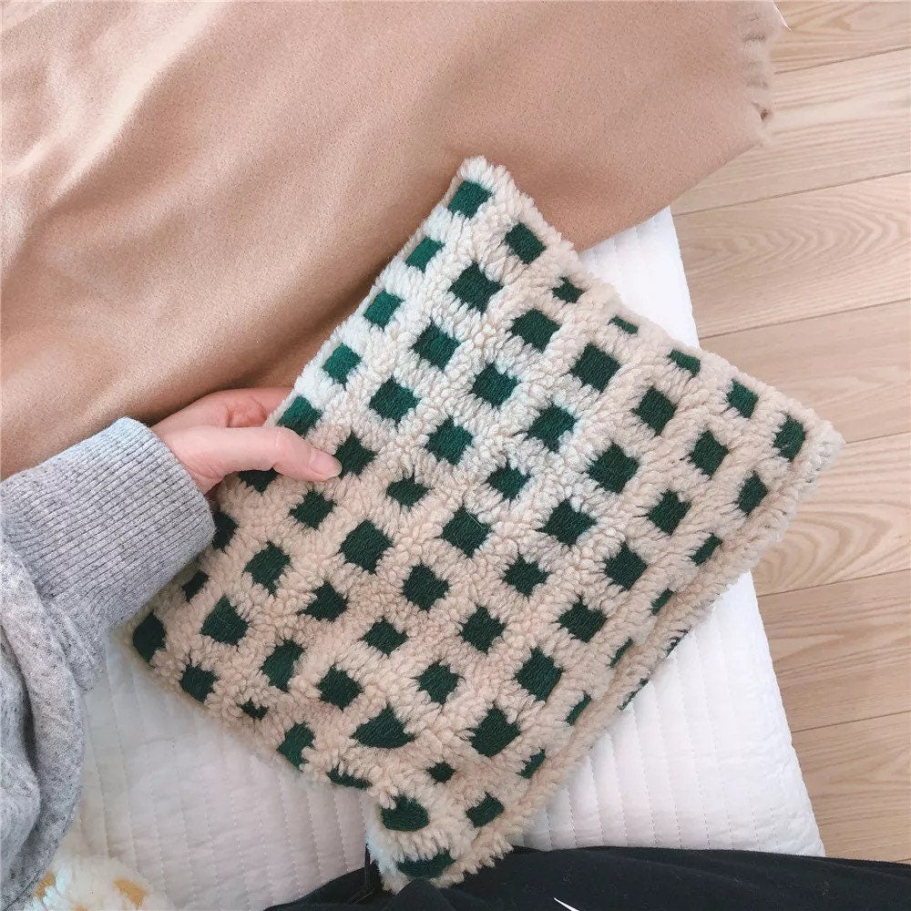 FUZZY CHECKERED POUCH / Cosmetic Bag / Retro Zip Clutch / Purse / Aesthetic / Unique / School Storage / Make Up / Cute / Organizer / Gift
