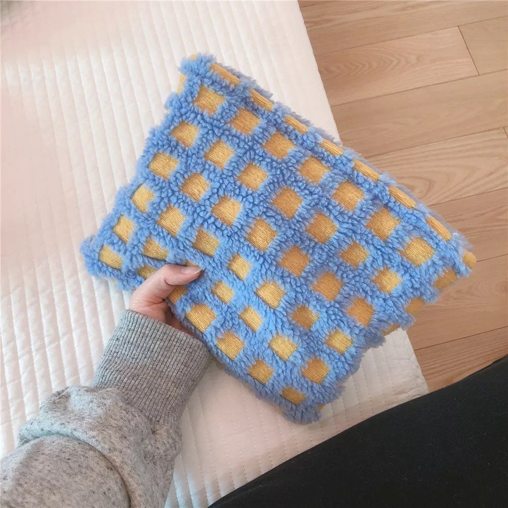 FUZZY CHECKERED POUCH / Cosmetic Bag / Retro Zip Clutch / Purse / Aesthetic / Unique / School Storage / Make Up / Cute / Organizer / Gift