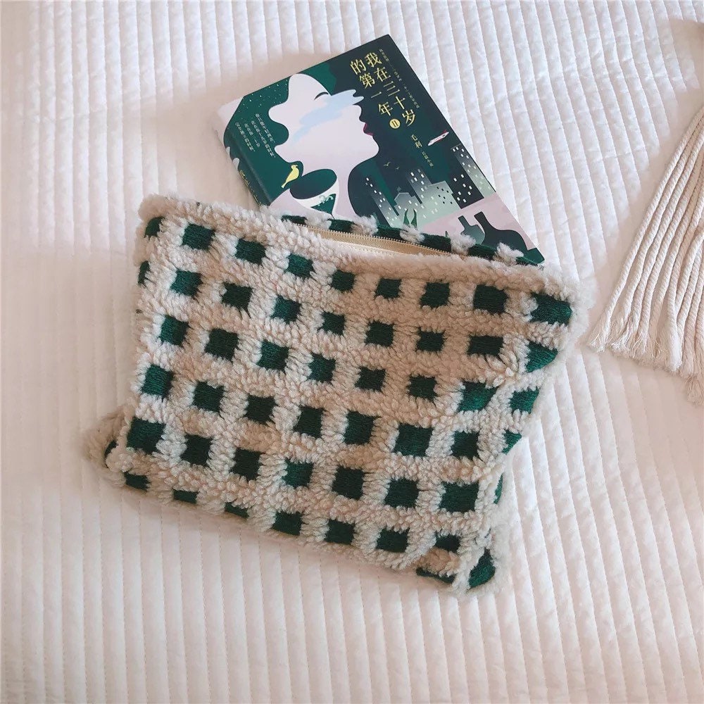 FUZZY CHECKERED POUCH / Cosmetic Bag / Retro Zip Clutch / Purse / Aesthetic / Unique / School Storage / Make Up / Cute / Organizer / Gift