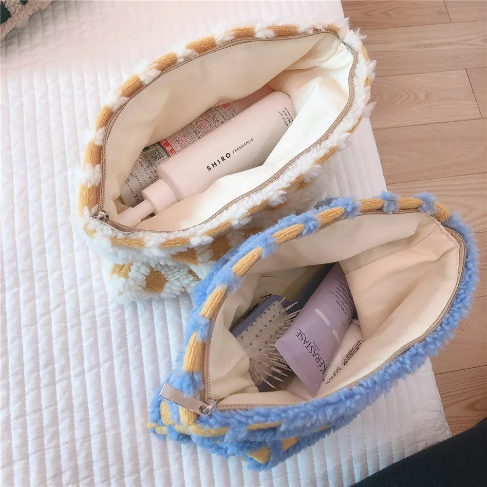 FUZZY CHECKERED POUCH / Cosmetic Bag / Retro Zip Clutch / Purse / Aesthetic / Unique / School Storage / Make Up / Cute / Organizer / Gift