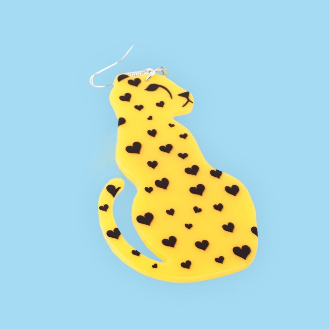 CHEETAH LOVE / Dangle Earrings / Big Cat Lover / Statement / Jaguar / Hearts / Cute / Aesthetic / Trendy Funky / Acrylic / Unique / Fun Gift