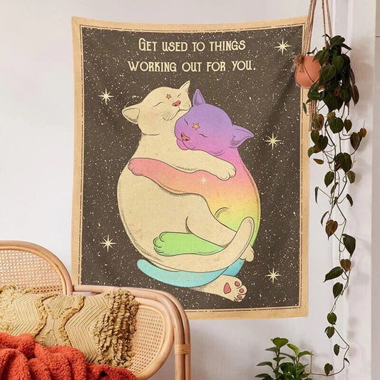 CUDDLING KITTENS TAPESTRY / Get Used To Things Working Out For You / Cat Wall Hanging / Aesthetic Room Decor / Stars Celestial Sky Magic