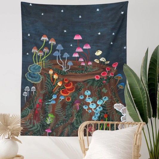 MIDNIGHT MUSHROOMS TAPESTRY / Wall Hanging / Aesthetic Room Decor Poster / Stars Celestial Sky Magic / Shrooms / Colorful Retro Fungi Nature