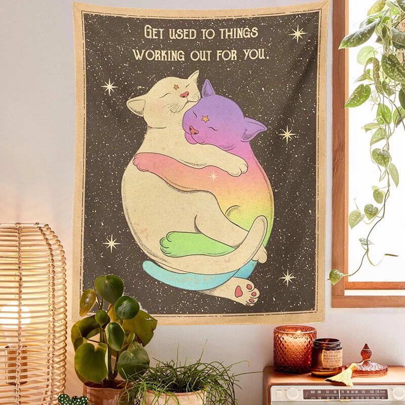 CUDDLING KITTENS TAPESTRY / Get Used To Things Working Out For You / Cat Wall Hanging / Aesthetic Room Decor / Stars Celestial Sky Magic