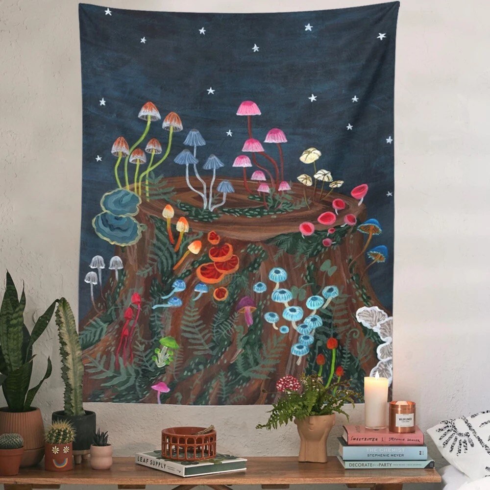 MIDNIGHT MUSHROOMS TAPESTRY / Wall Hanging / Aesthetic Room Decor Poster / Stars Celestial Sky Magic / Shrooms / Colorful Retro Fungi Nature