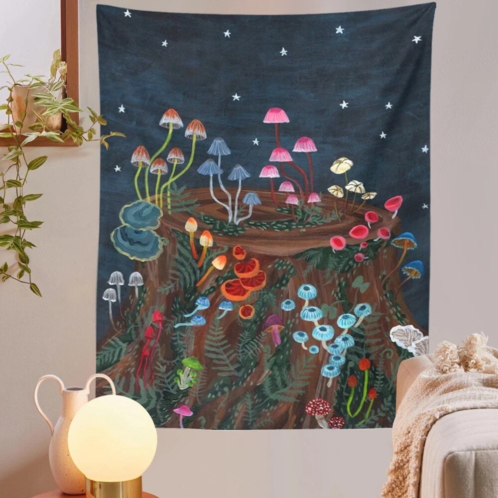 MIDNIGHT MUSHROOMS TAPESTRY / Wall Hanging / Aesthetic Room Decor Poster / Stars Celestial Sky Magic / Shrooms / Colorful Retro Fungi Nature