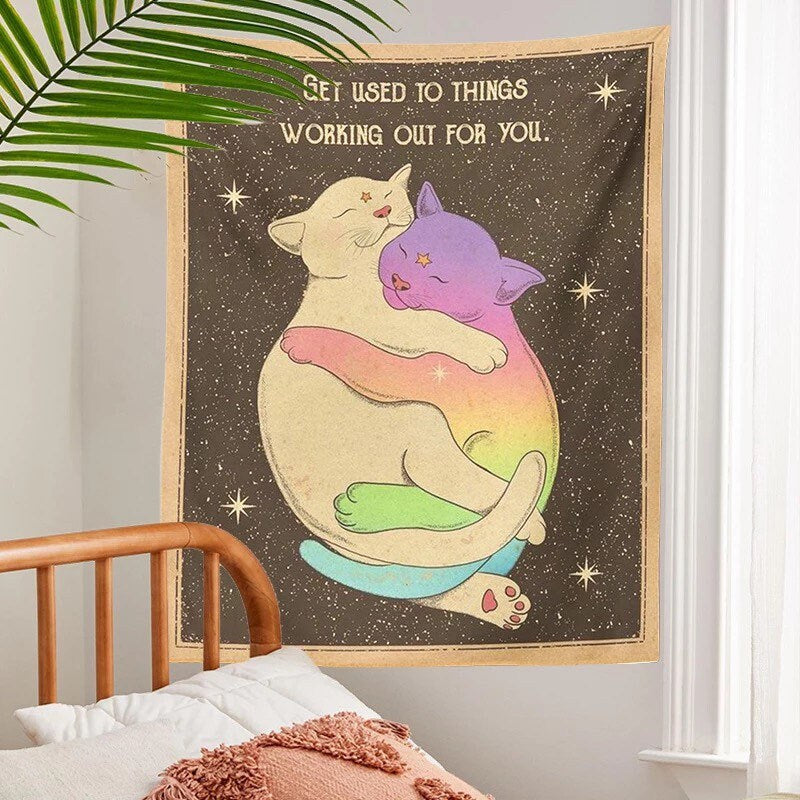 CUDDLING KITTENS TAPESTRY / Get Used To Things Working Out For You / Cat Wall Hanging / Aesthetic Room Decor / Stars Celestial Sky Magic