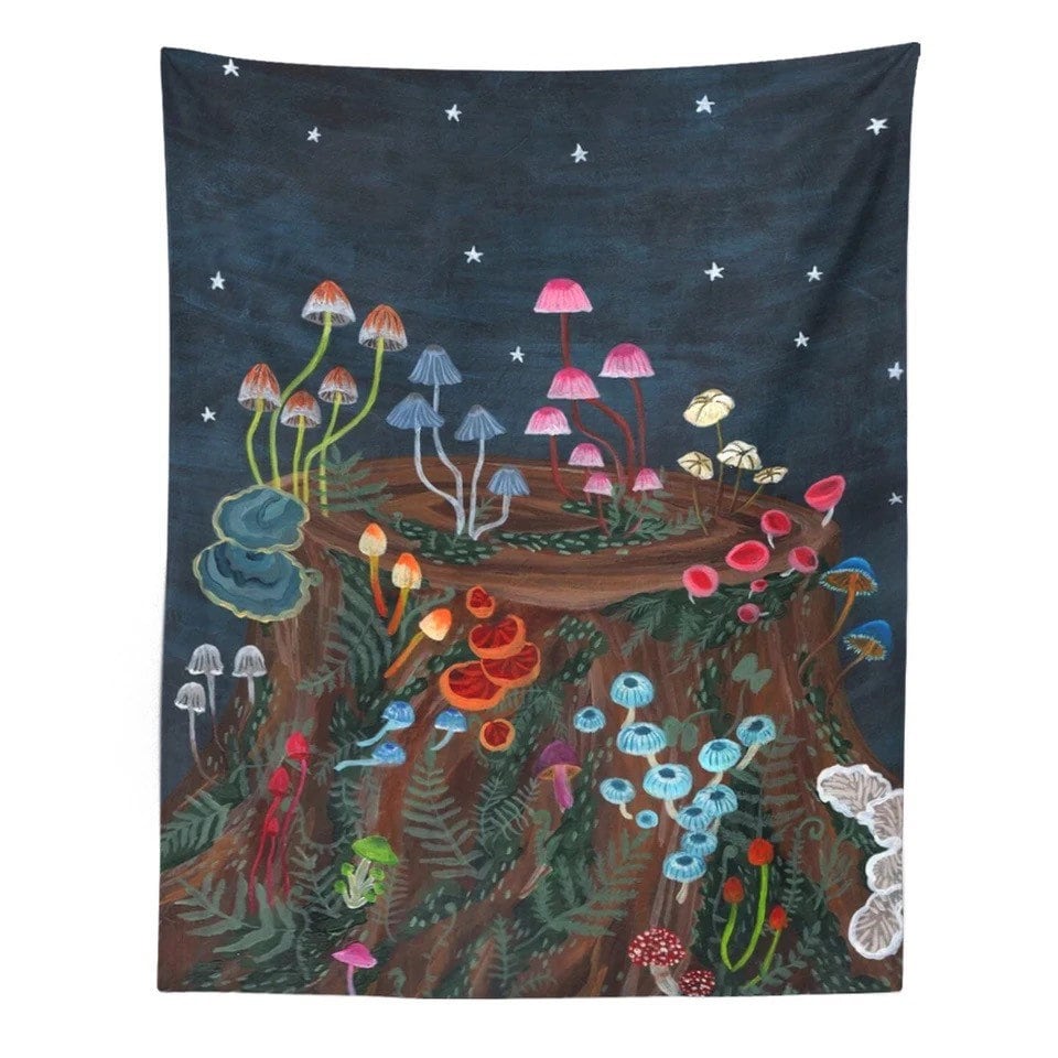 MIDNIGHT MUSHROOMS TAPESTRY / Wall Hanging / Aesthetic Room Decor Poster / Stars Celestial Sky Magic / Shrooms / Colorful Retro Fungi Nature