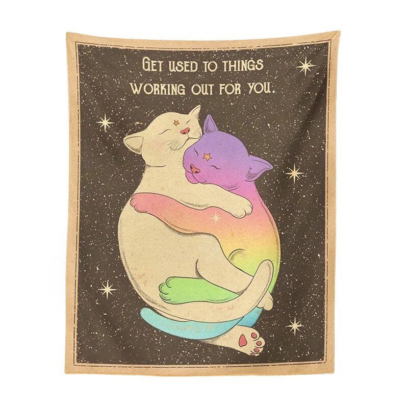 CUDDLING KITTENS TAPESTRY / Get Used To Things Working Out For You / Cat Wall Hanging / Aesthetic Room Decor / Stars Celestial Sky Magic