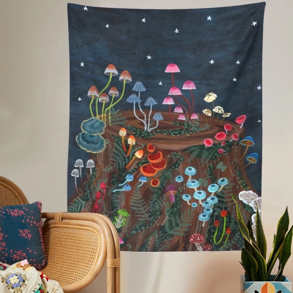 MIDNIGHT MUSHROOMS TAPESTRY / Wall Hanging / Aesthetic Room Decor Poster / Stars Celestial Sky Magic / Shrooms / Colorful Retro Fungi Nature