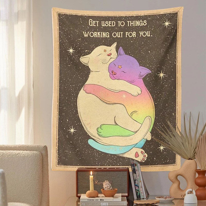 CUDDLING KITTENS TAPESTRY / Get Used To Things Working Out For You / Cat Wall Hanging / Aesthetic Room Decor / Stars Celestial Sky Magic