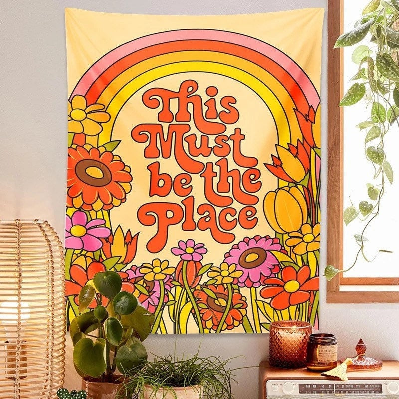 RAINBOW FLOWERS TAPESTRY / This Must Be The Place / Retro Wall Hanging / Room Decor / Here Comes The Sun / 60s 70s Art / Groovy Hippie