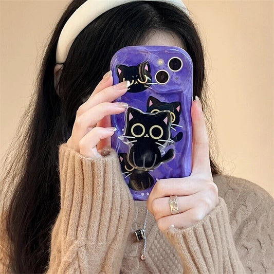 BIG EYES KITTY / Phone Grip / Black Cat / Socket Stand / Cute Animal Charm / Accessory / iPhone / Pop Kawaii / Cat Mom / Love / Fun / Gift