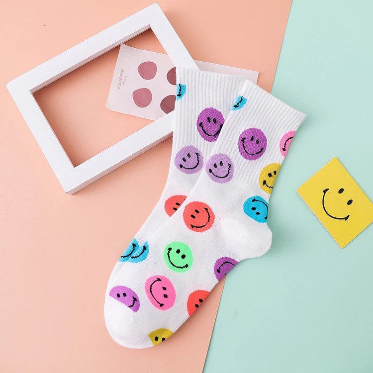 SMILEY FACE SOCKS / Colorful / Fun / 90s Inspired / Graphic / Patterned / Happy Face / Aesthetic / Teen / Gift / Women's / Retro / Unique