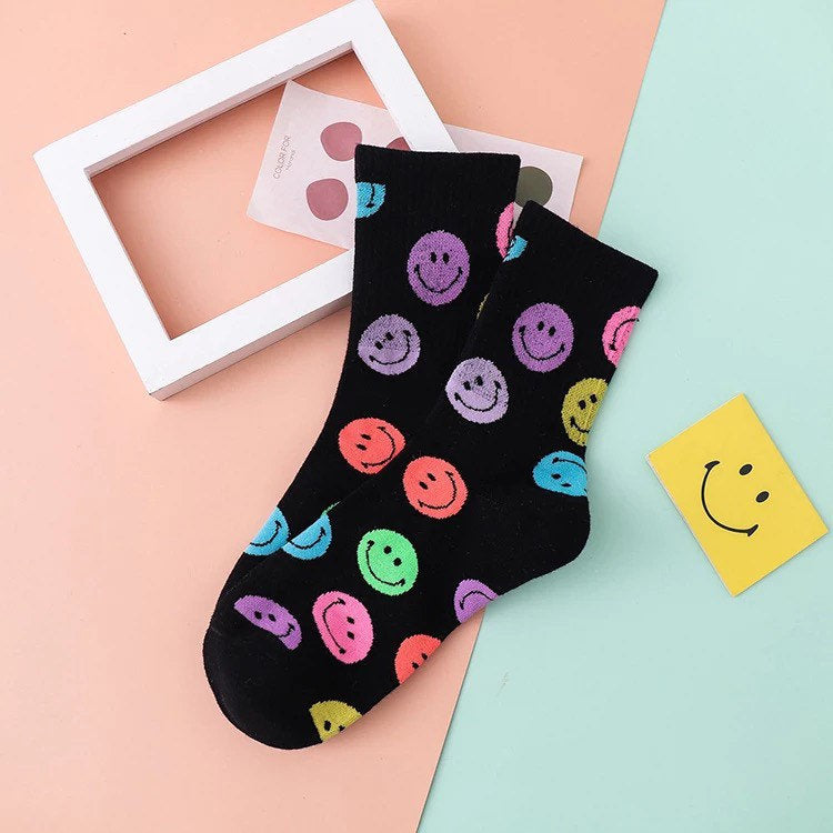 SMILEY FACE SOCKS / Colorful / Fun / 90s Inspired / Graphic / Patterned / Happy Face / Aesthetic / Teen / Gift / Women's / Retro / Unique