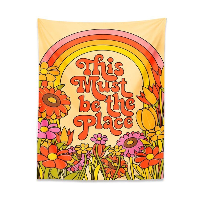 RAINBOW FLOWERS TAPESTRY / This Must Be The Place / Retro Wall Hanging / Room Decor / Here Comes The Sun / 60s 70s Art / Groovy Hippie