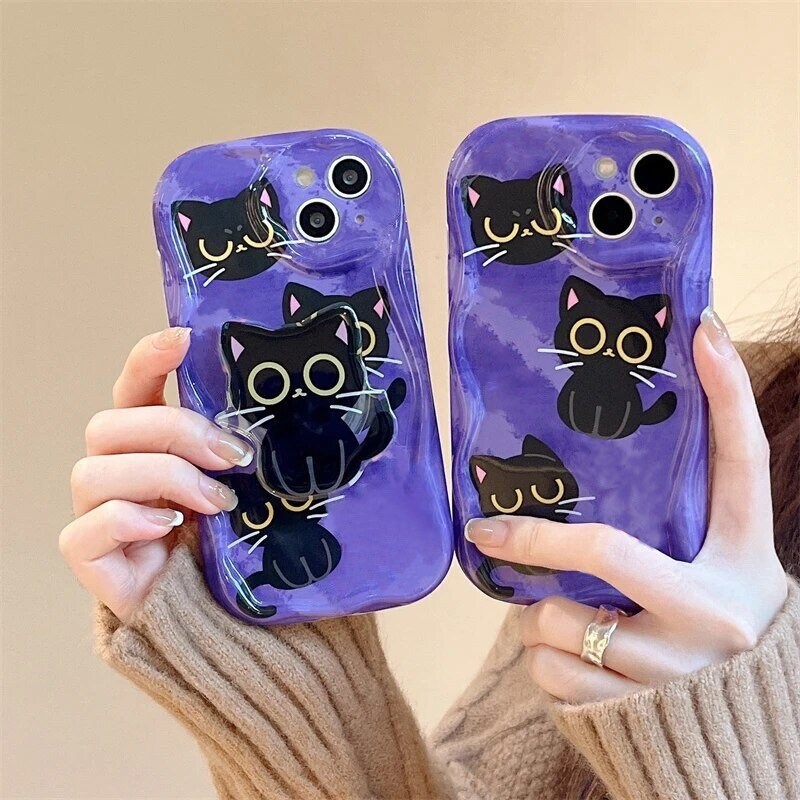 BIG EYES KITTY / Phone Grip / Black Cat / Socket Stand / Cute Animal Charm / Accessory / iPhone / Pop Kawaii / Cat Mom / Love / Fun / Gift