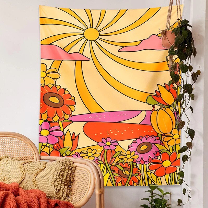 RAINBOW FLOWERS TAPESTRY / This Must Be The Place / Retro Wall Hanging / Room Decor / Here Comes The Sun / 60s 70s Art / Groovy Hippie