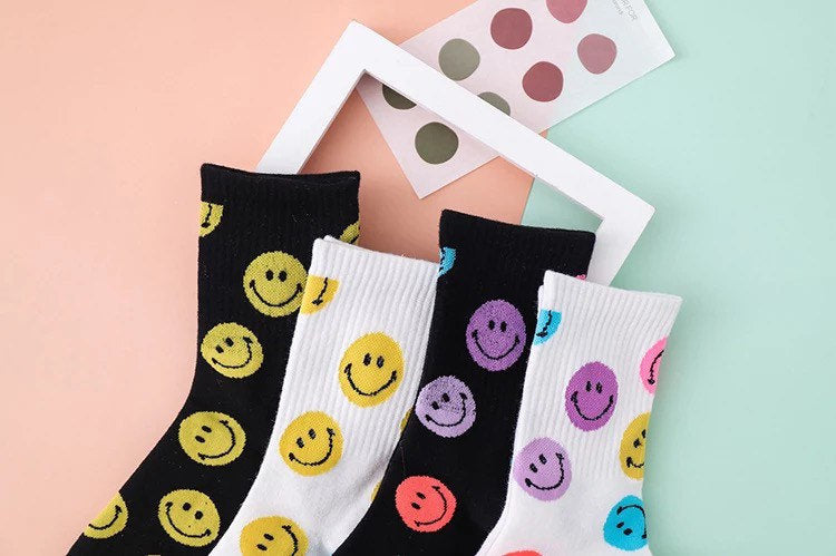 SMILEY FACE SOCKS / Colorful / Fun / 90s Inspired / Graphic / Patterned / Happy Face / Aesthetic / Teen / Gift / Women's / Retro / Unique