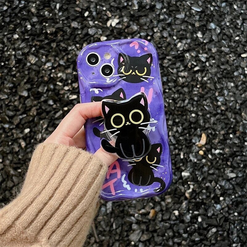 BIG EYES KITTY / Phone Grip / Black Cat / Socket Stand / Cute Animal Charm / Accessory / iPhone / Pop Kawaii / Cat Mom / Love / Fun / Gift