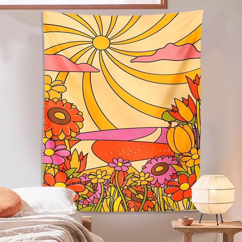 RAINBOW FLOWERS TAPESTRY / This Must Be The Place / Retro Wall Hanging / Room Decor / Here Comes The Sun / 60s 70s Art / Groovy Hippie