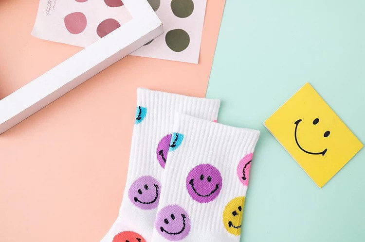 SMILEY FACE SOCKS / Colorful / Fun / 90s Inspired / Graphic / Patterned / Happy Face / Aesthetic / Teen / Gift / Women's / Retro / Unique