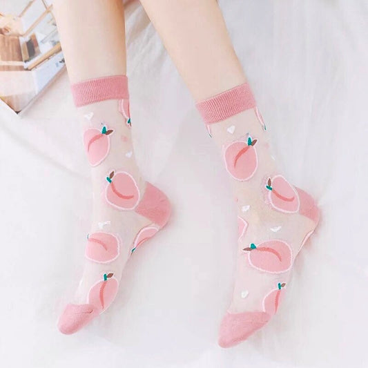 PEACHY SOCKS / See Thru / Aesthetic / Fruit Print / Fashion / Trendy / Patterned / Cute Gift / Unique / Kawaii / Transparent / Mesh / Woman