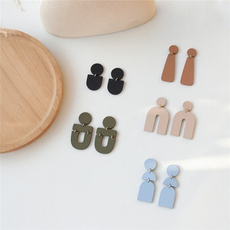 GEOMETRIC DROP EARRINGS / Simplistic / Minimal / Aesthetic / Abstract / Trendy / Stylish / Shapes / Dangle / Arcs / Black Green Rust Pink