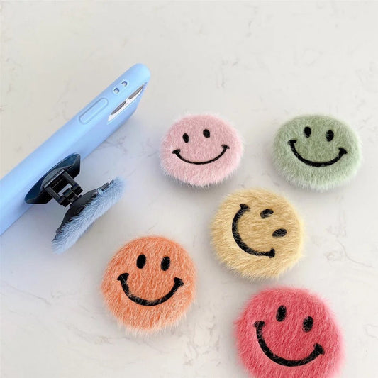 FUZZY SMILEY FACE / Phone Grip / Socket Stand / Retro / 60s / 90s / Accessories / Trendy / Unique / Charm / iPhone / Fun Pop / Cute / Kawaii