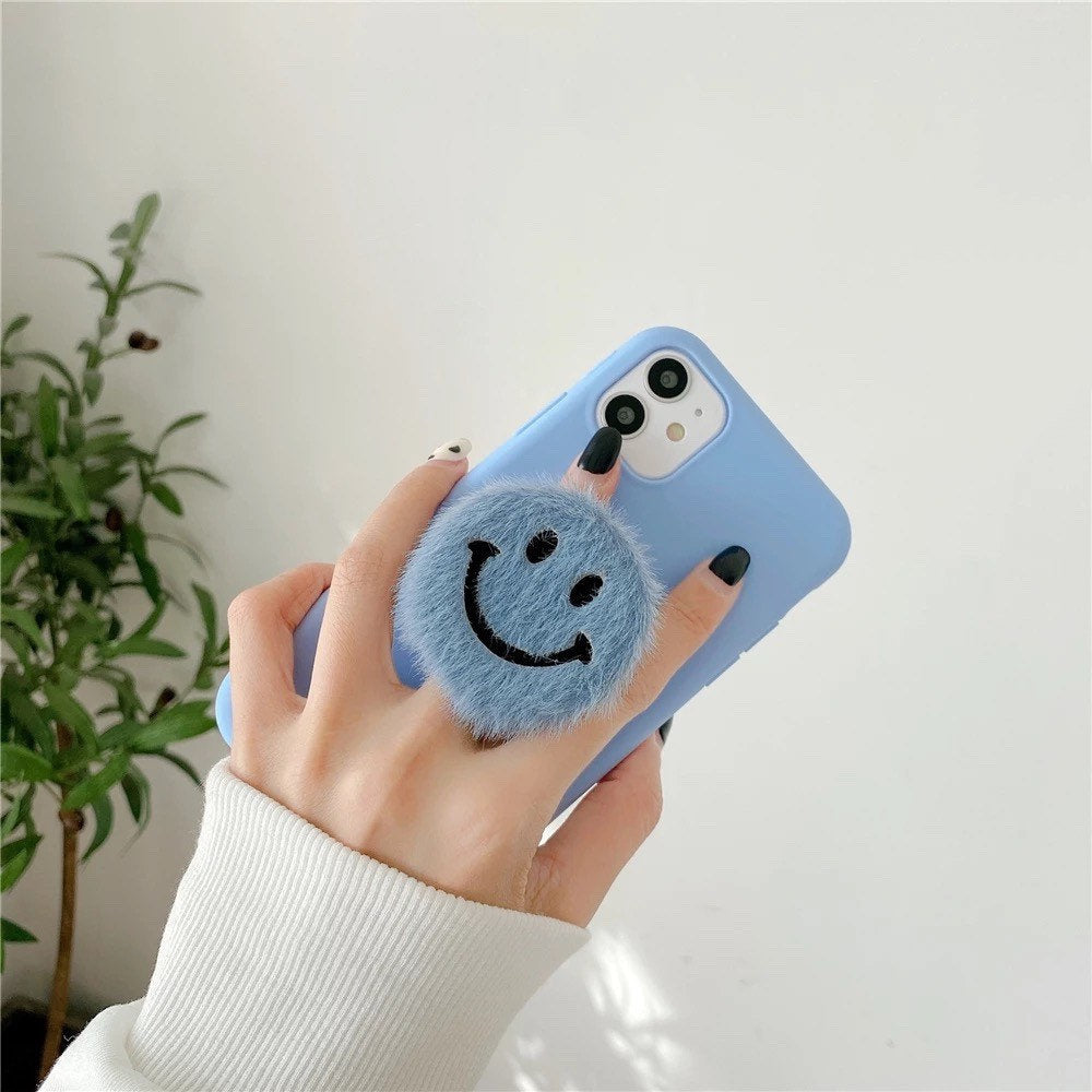 FUZZY SMILEY FACE / Phone Grip / Socket Stand / Retro / 60s / 90s / Accessories / Trendy / Unique / Charm / iPhone / Fun Pop / Cute / Kawaii