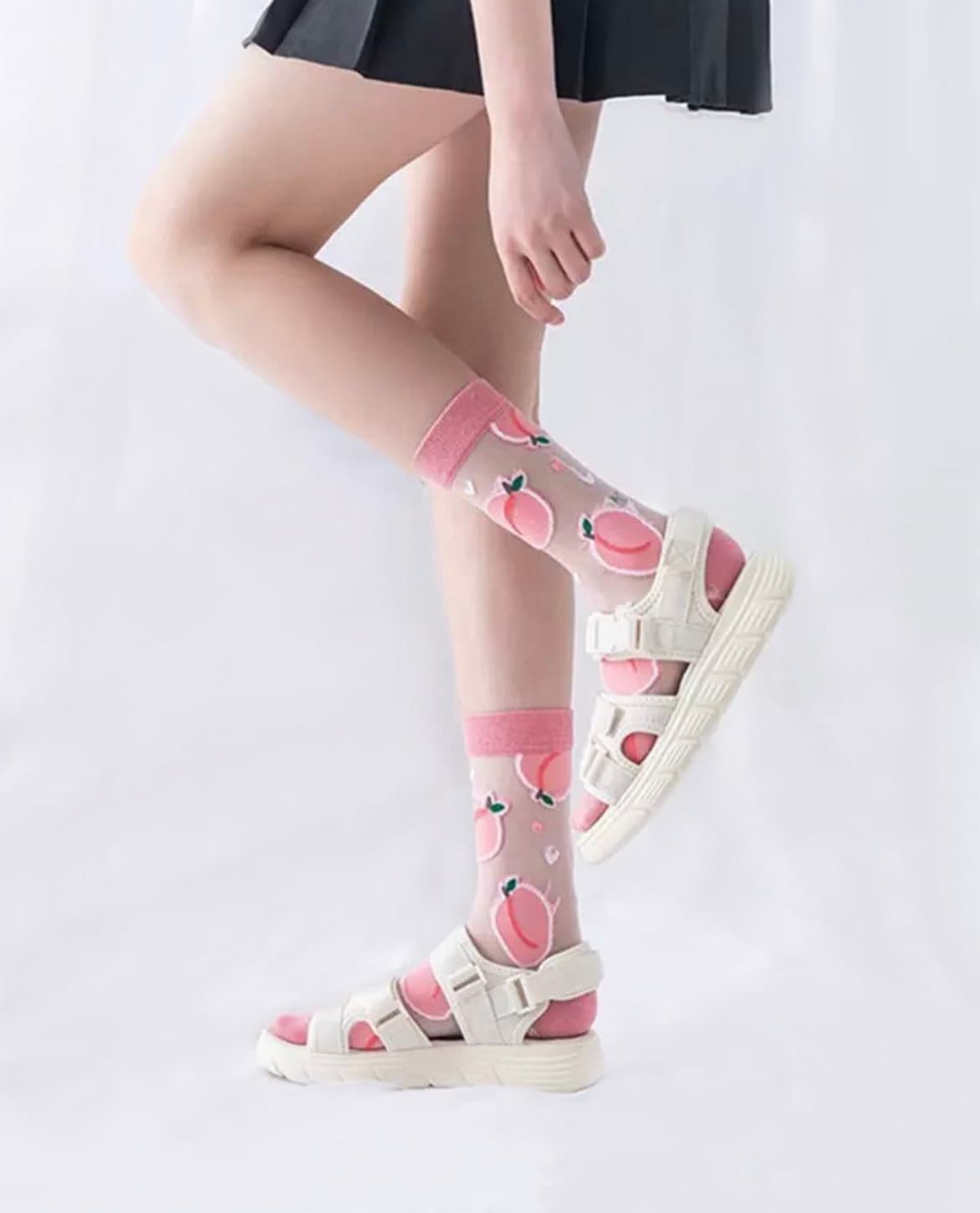 PEACHY SOCKS / See Thru / Aesthetic / Fruit Print / Fashion / Trendy / Patterned / Cute Gift / Unique / Kawaii / Transparent / Mesh / Woman