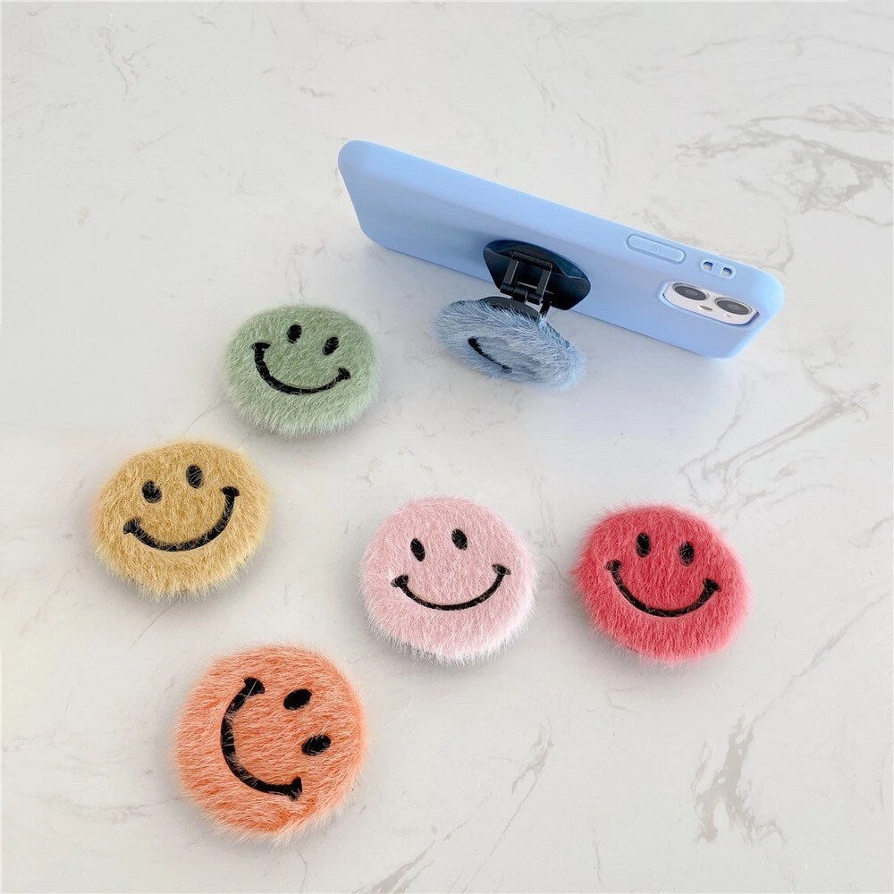 FUZZY SMILEY FACE / Phone Grip / Socket Stand / Retro / 60s / 90s / Accessories / Trendy / Unique / Charm / iPhone / Fun Pop / Cute / Kawaii