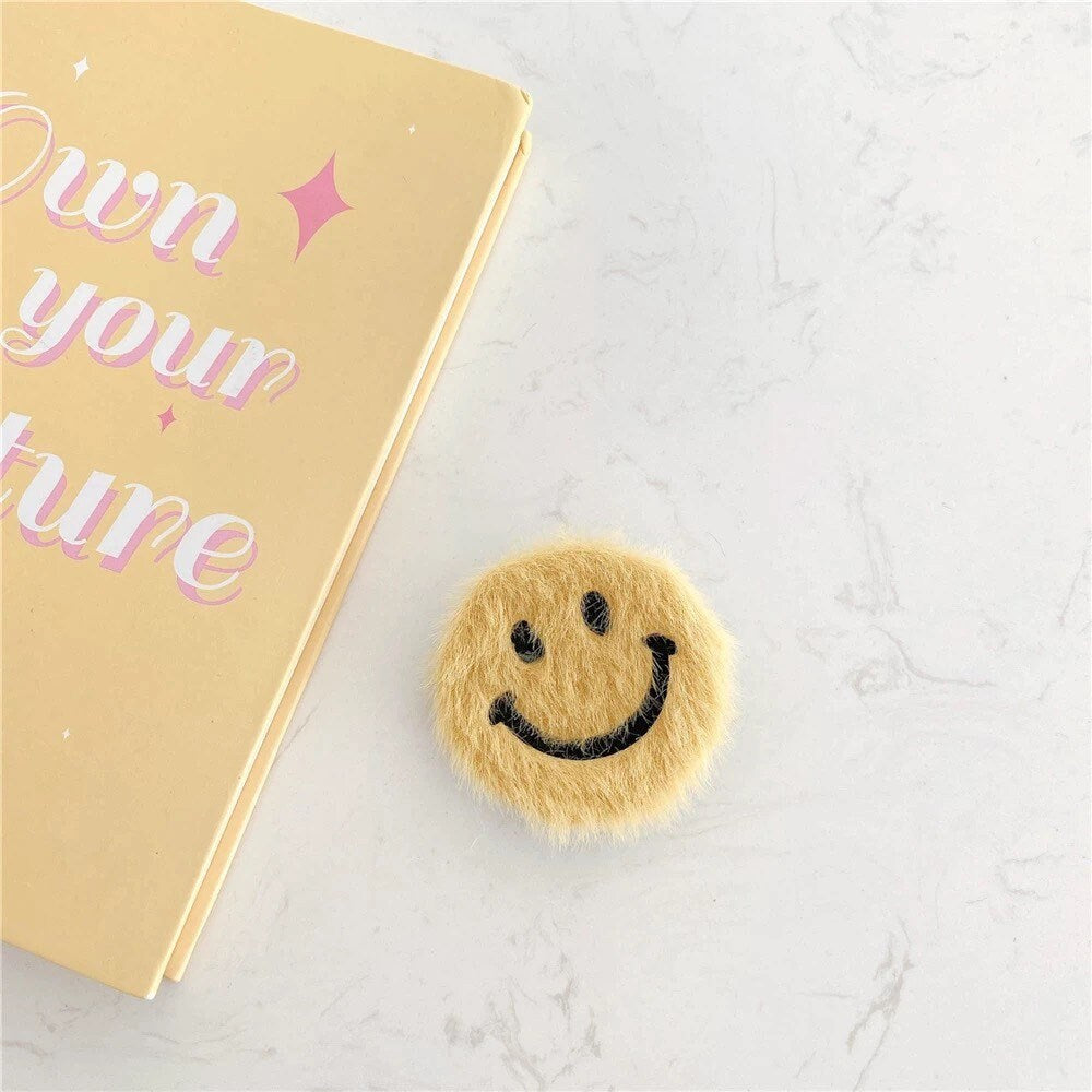 FUZZY SMILEY FACE / Phone Grip / Socket Stand / Retro / 60s / 90s / Accessories / Trendy / Unique / Charm / iPhone / Fun Pop / Cute / Kawaii