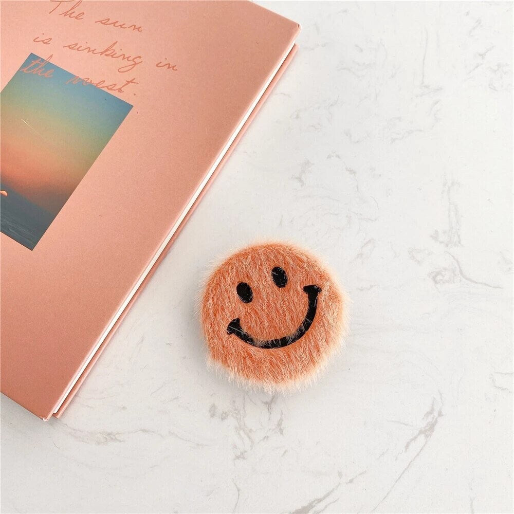 FUZZY SMILEY FACE / Phone Grip / Socket Stand / Retro / 60s / 90s / Accessories / Trendy / Unique / Charm / iPhone / Fun Pop / Cute / Kawaii