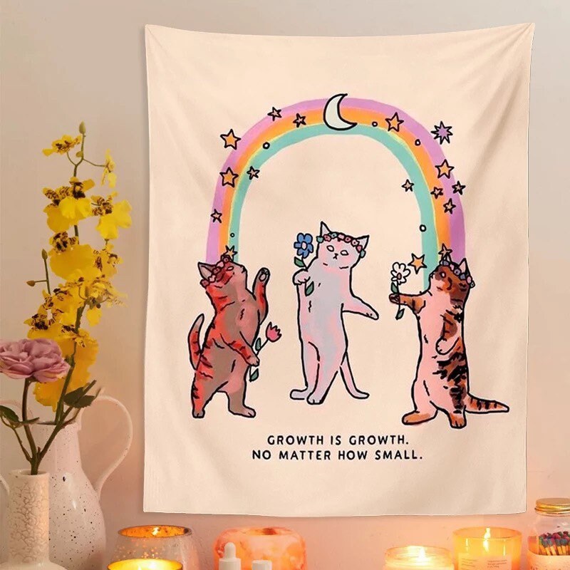 RAINBOW KITTENS TAPESTRY / Growth Is Growth No Matter How Small / Cat Wall Hanging / Aesthetic Room Decor / Stars Crescent Moon Magic