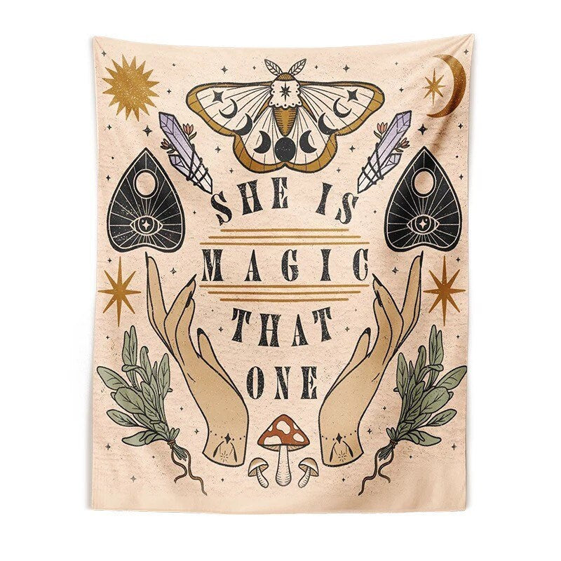 SHE IS MAGIC / Tapestry Wall Hanging / Bohemian / Aesthetic Room Decor / Moth / Stars Crescent Moon Phases / Ouija / Mushrooms / Spells / Gift