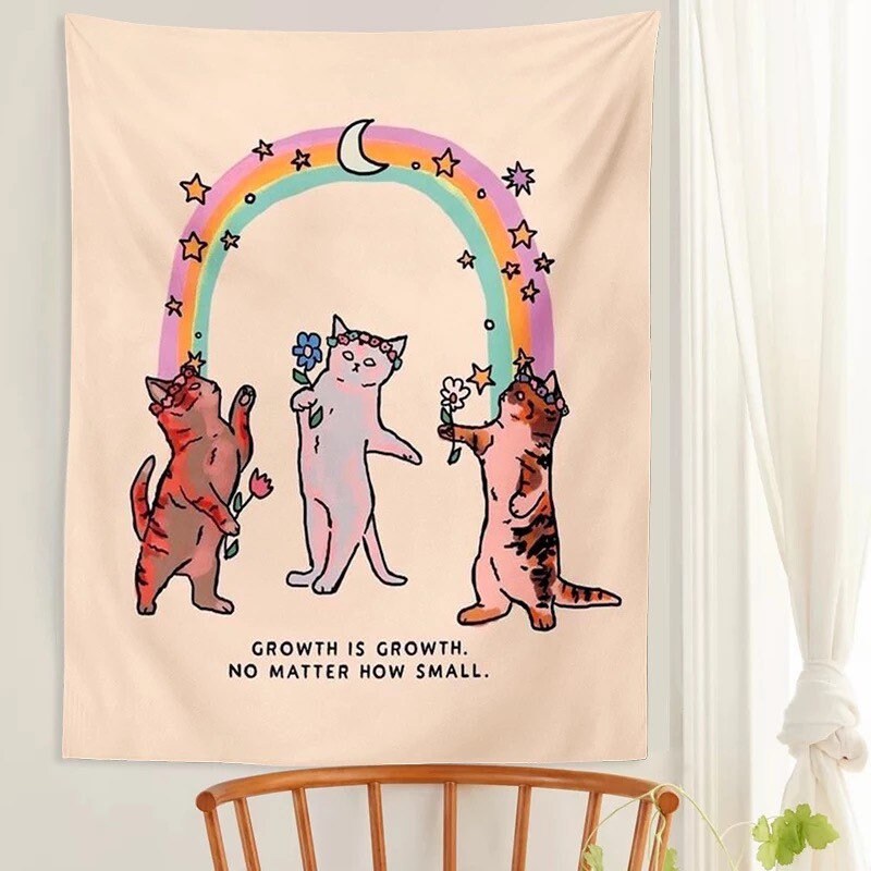 RAINBOW KITTENS TAPESTRY / Growth Is Growth No Matter How Small / Cat Wall Hanging / Aesthetic Room Decor / Stars Crescent Moon Magic