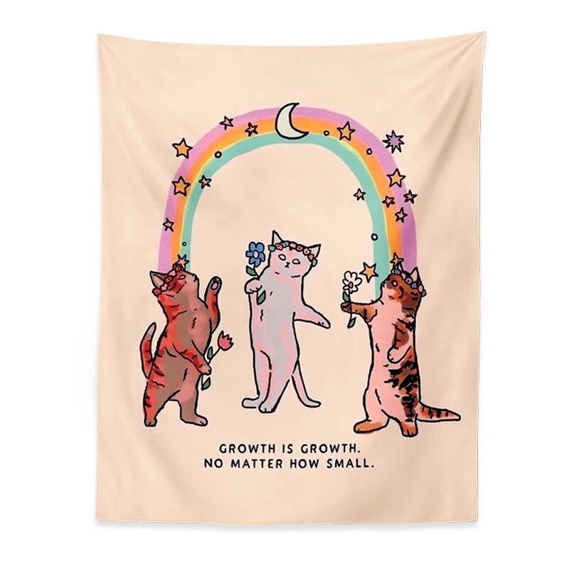 RAINBOW KITTENS TAPESTRY / Growth Is Growth No Matter How Small / Cat Wall Hanging / Aesthetic Room Decor / Stars Crescent Moon Magic