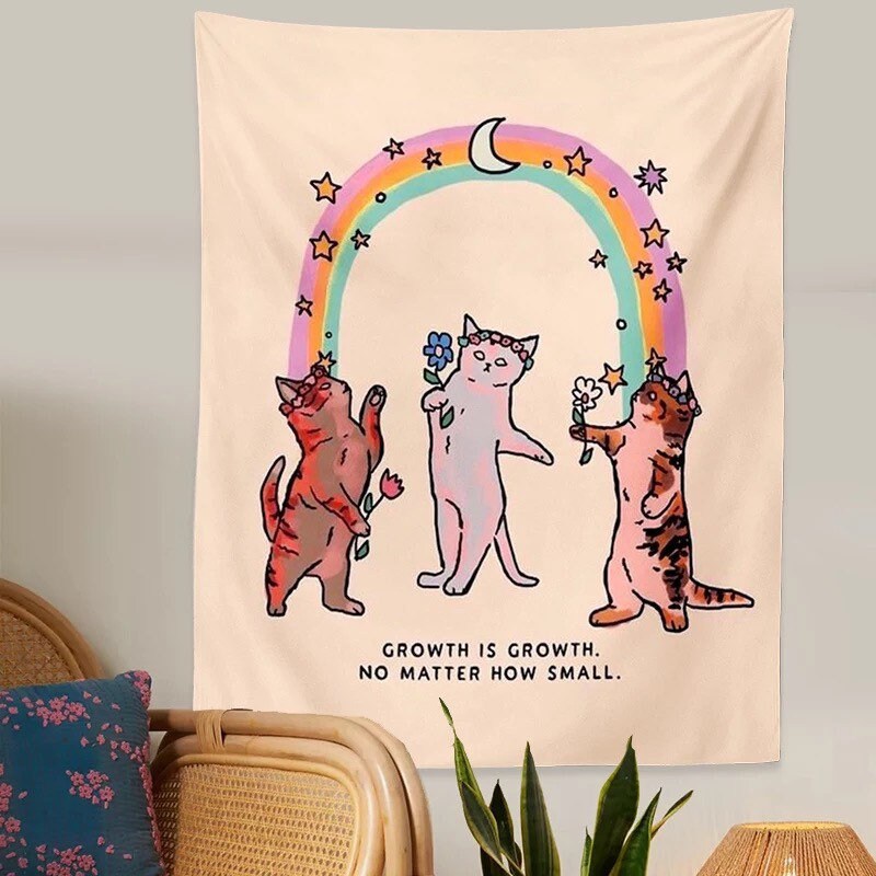 RAINBOW KITTENS TAPESTRY / Growth Is Growth No Matter How Small / Cat Wall Hanging / Aesthetic Room Decor / Stars Crescent Moon Magic