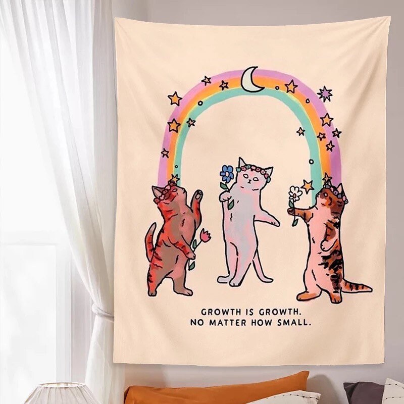 RAINBOW KITTENS TAPESTRY / Growth Is Growth No Matter How Small / Cat Wall Hanging / Aesthetic Room Decor / Stars Crescent Moon Magic