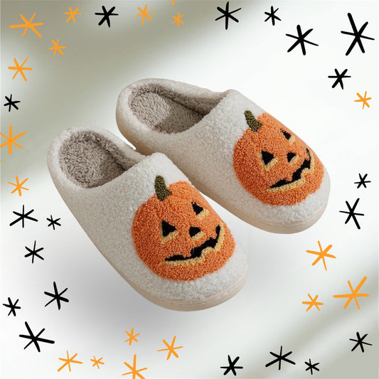 PUMPKIN SLIPPERS / HALLOWEEN / Jack O Lantern / Cozy Cute / Comfortable / House Shoes / Spooky Love / Orange White / Autumn Fall / Smiley