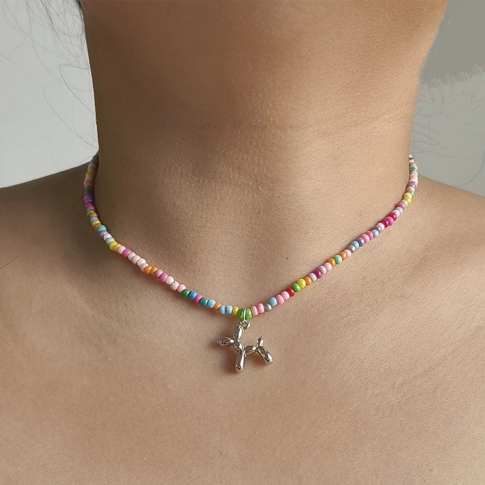 BEADED BALLOON PUPPY / Choker / Animal Necklace / Mini Charms / Colorful / Rainbow / Multi Color / Trendy / Candy / Friendship / Teen / Gift