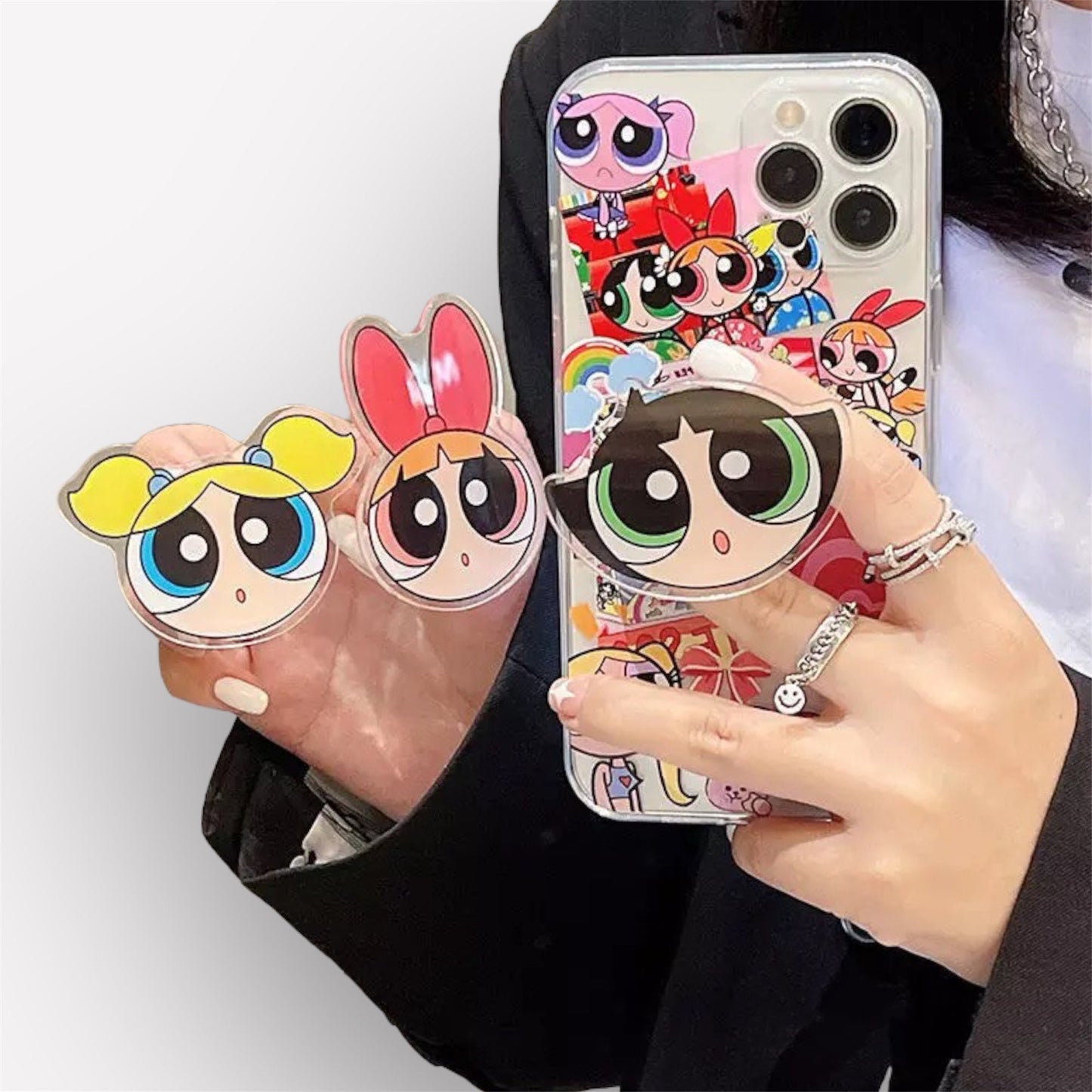 POWER PUFF CUTIES / Girls / Phone Grip / Socket Stand / Accessories / Trendy / Anime Cartoon / Unique iPhone Charm / Pop / Cute Kawaii Gift